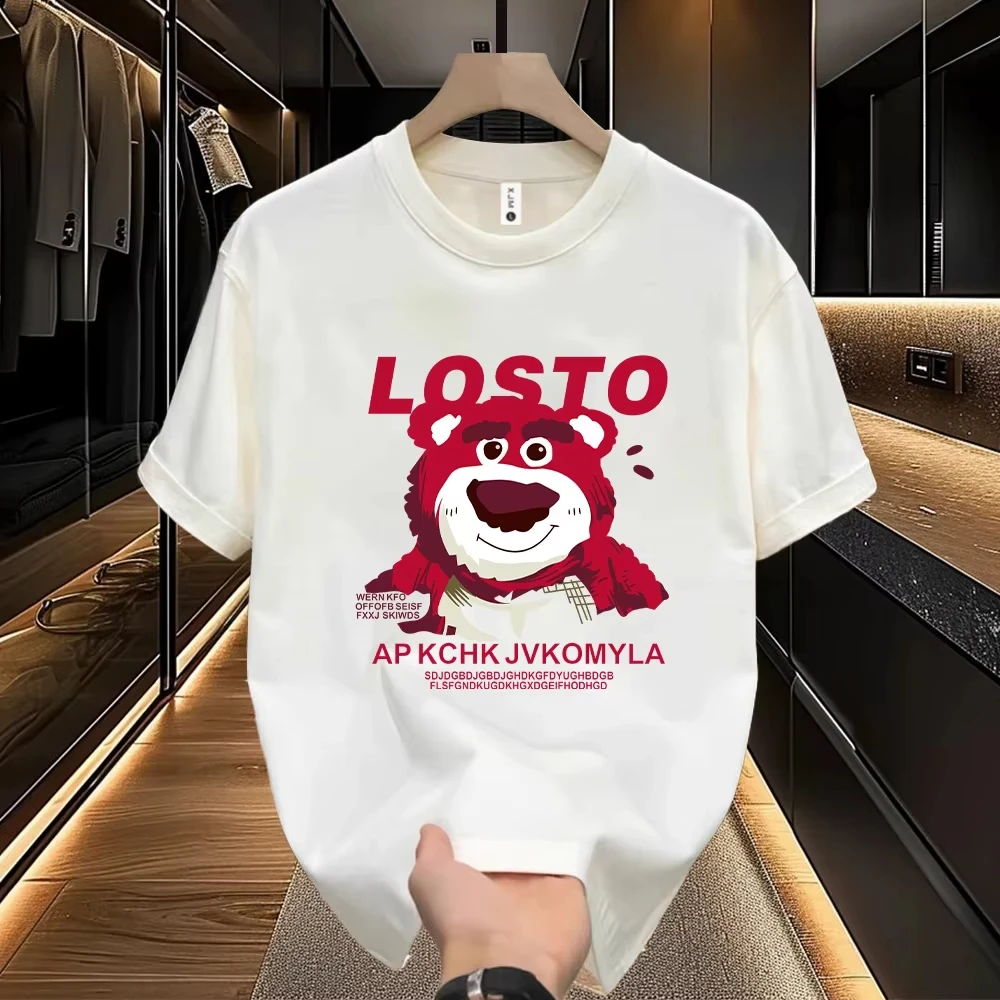 

2025 Pure Cotton Strawberry Bear Printed Short-sleeved T-shirt for Summer, Men's and Women's Styles, Children's Top