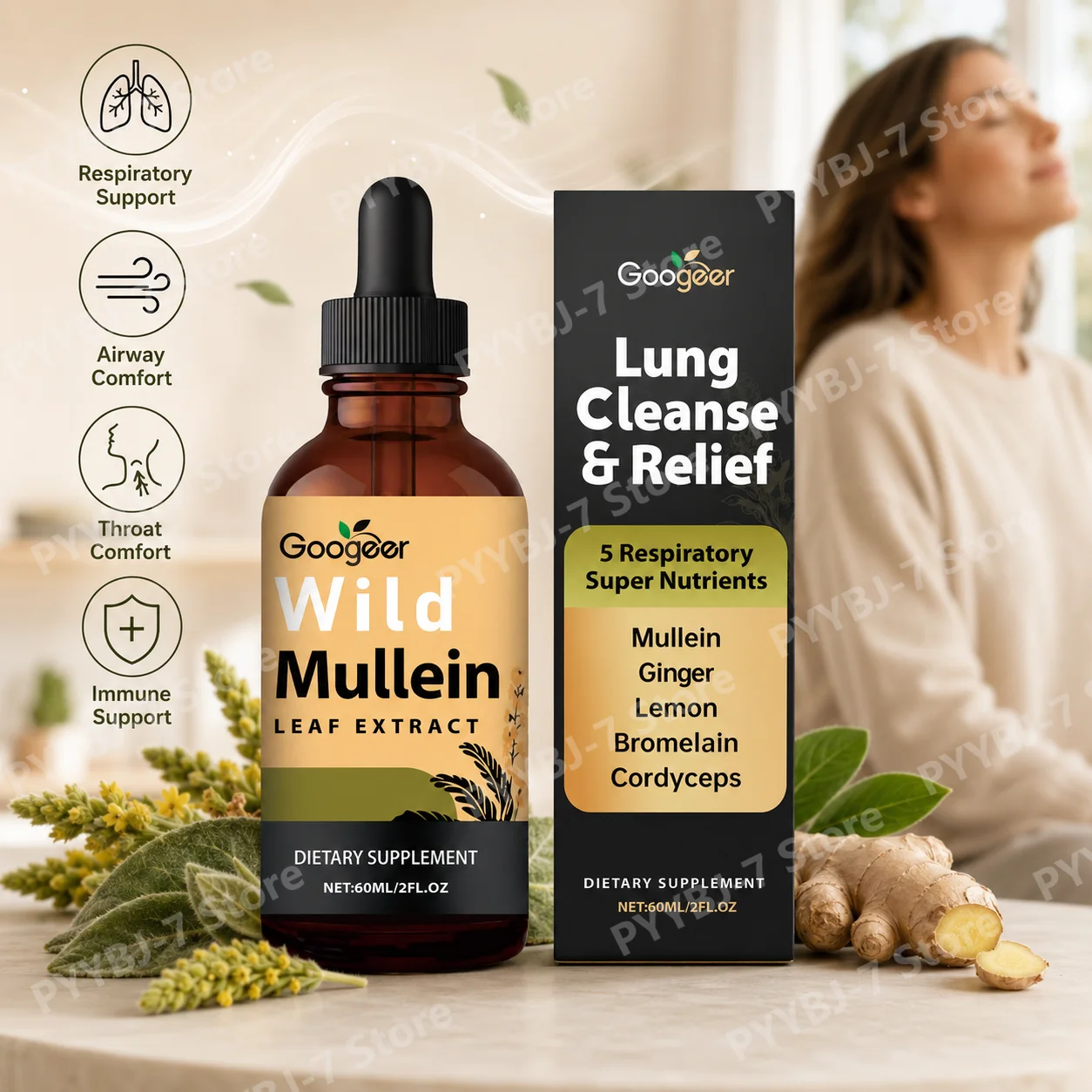 Mullein Leaf Liquid Drops with Ginger Lemon Bromelain Cordyceps, Plant Based Respiratory Wellness Supplement 60ml, Adult Use