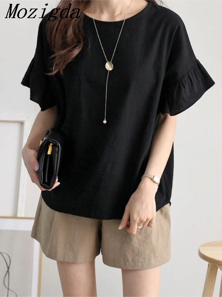 

Summer Korean Oversize Solid Color T Shirt Women Simple Ruffle Short Sleeve Loose Cotton Hemp T-shirt Ladies Tops