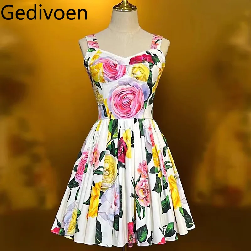 

Gedivoen Fashion Spring Women's Cotton Dress Spaghetti Strap Backless Elegant Chic Print Pleated Casual Holiday Dresses