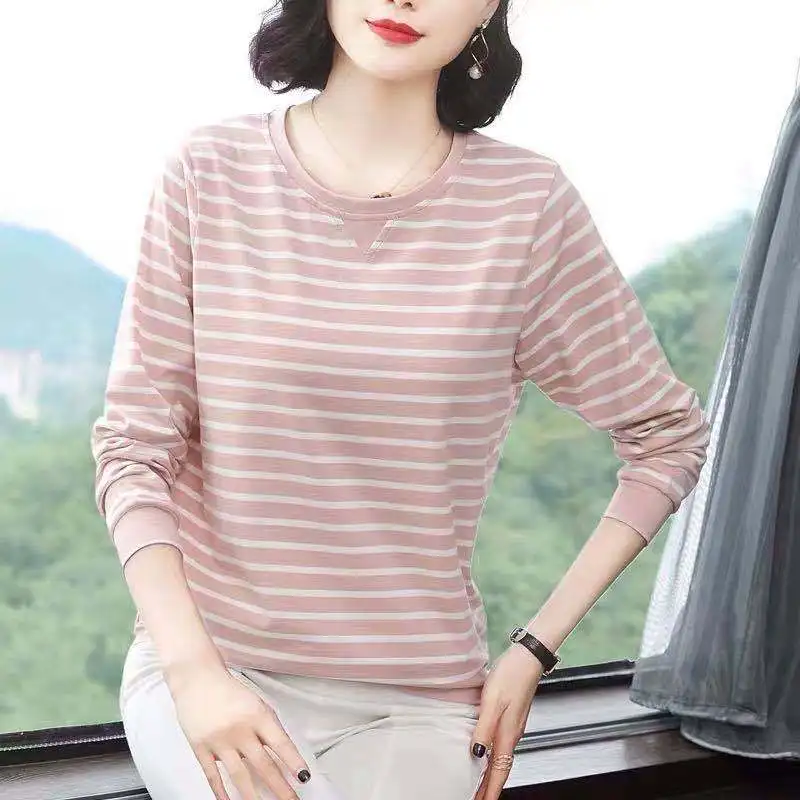 Fashion O-Neck Printing Loose Striped T-Shirt Women\'s Clothing 2022 Autumn New Casual Pullovers Tops Korean Oversized T-shirt