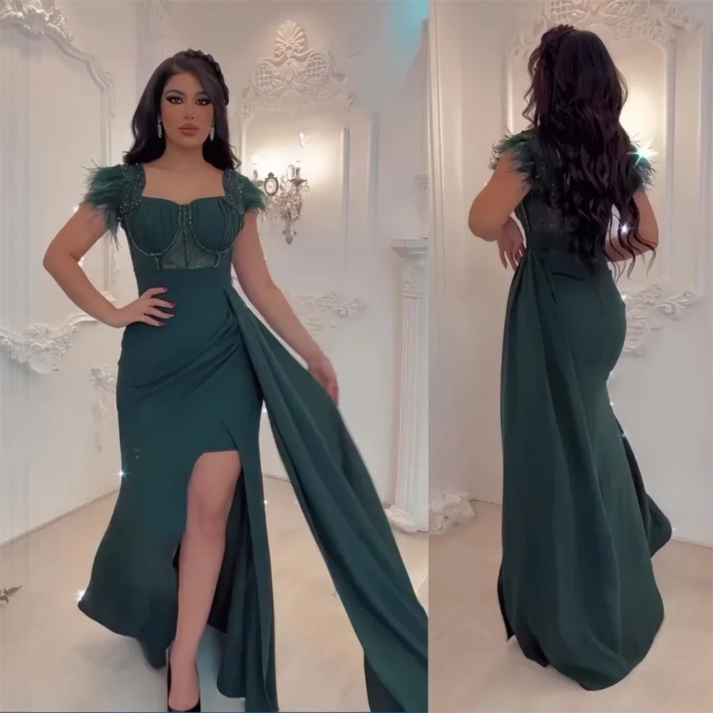 

Formal Gown Evening Dearin Square Collar Mermaid Floor Length Skirts Draped Ruffle Feather Bespoke Occasion Dresses Saudi Arabia