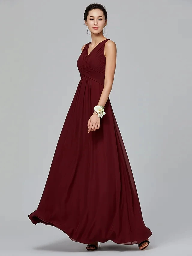 

A-Line Bridesmaid Dress V Neck Sleeveless Chiffon Evening Dress Floor Length