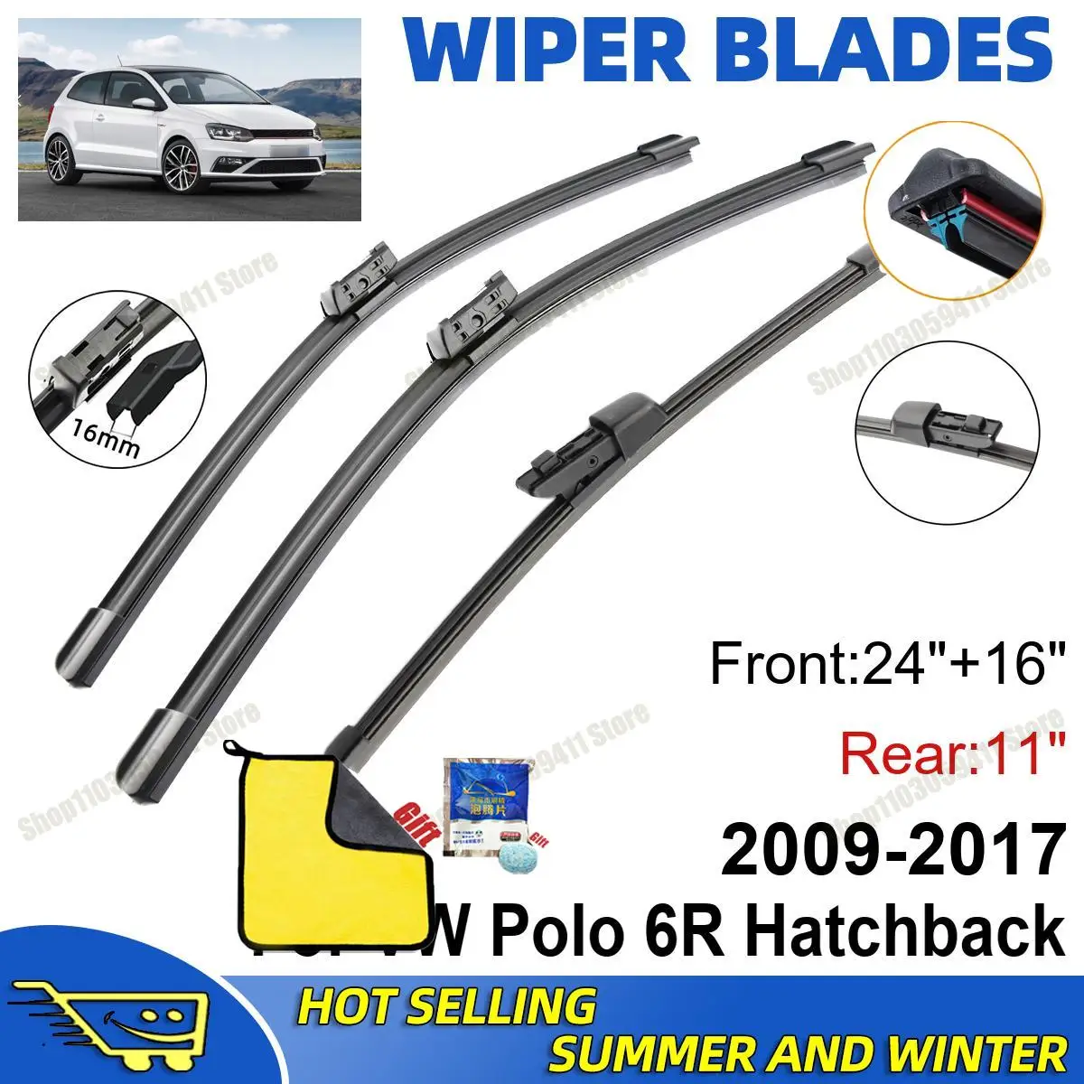 

3PCS For VW Polo 6R Hatchback 2009-2017 24" + 16"+ 11" Car Wiper Blades Windshield Wipers Double Rubber Car Accessories