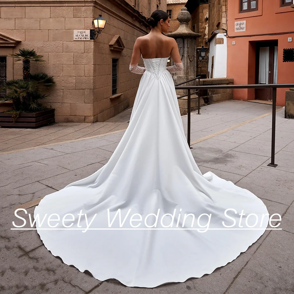 Luxury Corset Wedding Dress Customized Sweetheart Detachable Long Sleeve Beading Pearls High Slit Court Train Satin Bridal Gown