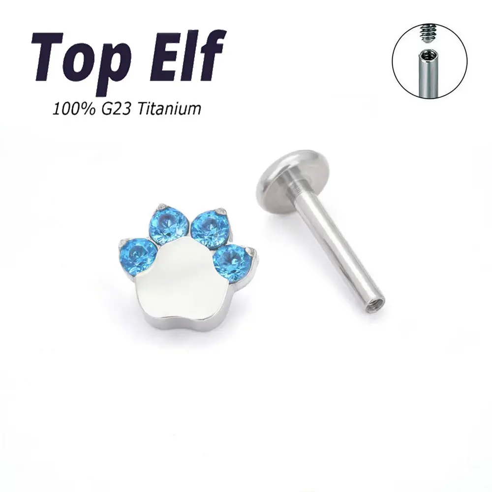 G23 Titanium Inner Threaded Cat Paw Shape Zircon Labret Stud Nose Rings Ear Cartilage Tragus Barbell Nose Piercing Jewelry