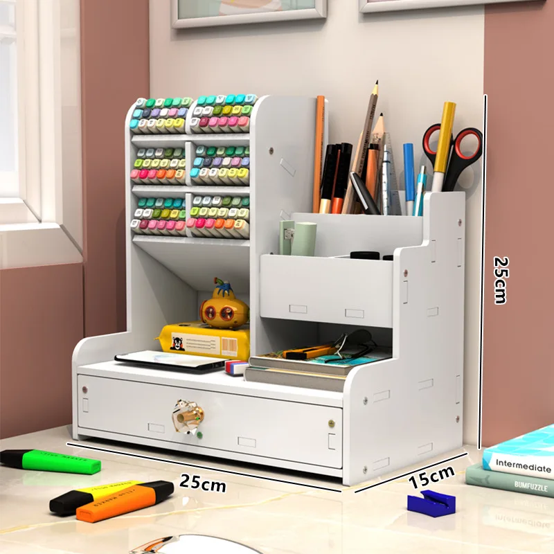 Mark Pen Pencil Holder Wooden Desk Organizers Shelves Accessories Desktop Stationery Organizer Bookshelf Home Office Storage Box