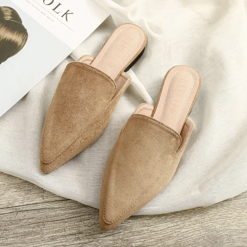 Fashion Baotou Flat Pointed Half Slippers Women\'s Suede Black Mules Large Sizes 42 Female Breathable Shoes босоножки женские