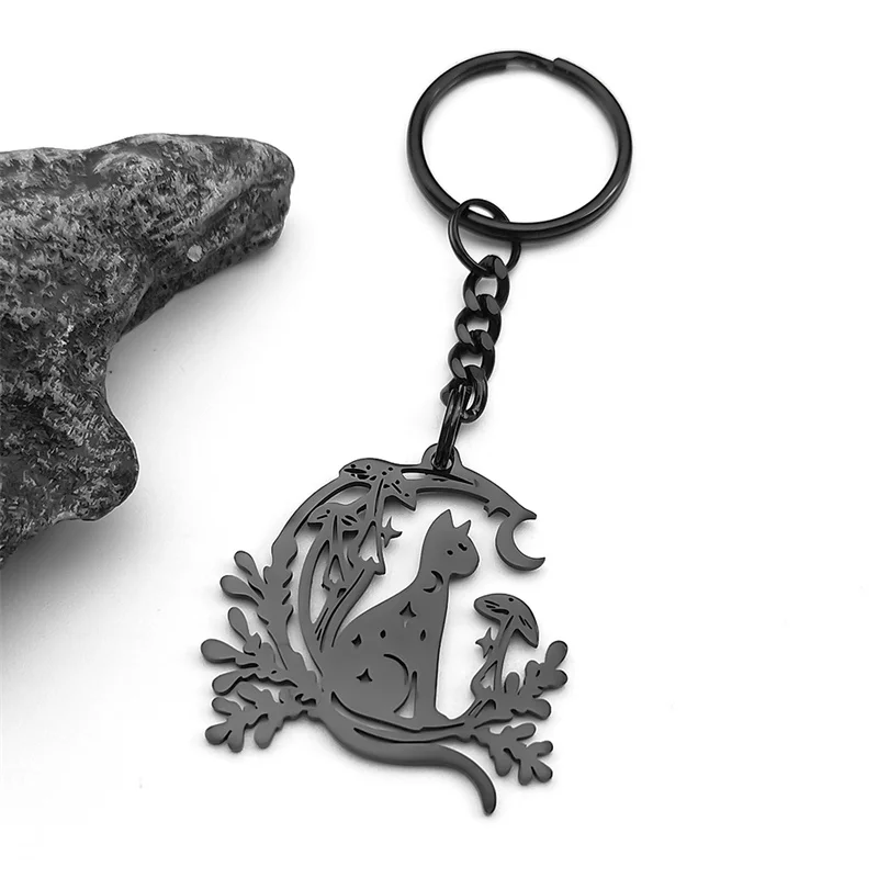 

Lovely Cat With Moon Star Mushroom Pendant Key Chain for Women Men Stainless Steel Gold Color Animal Plant Key Ring Jewelry
