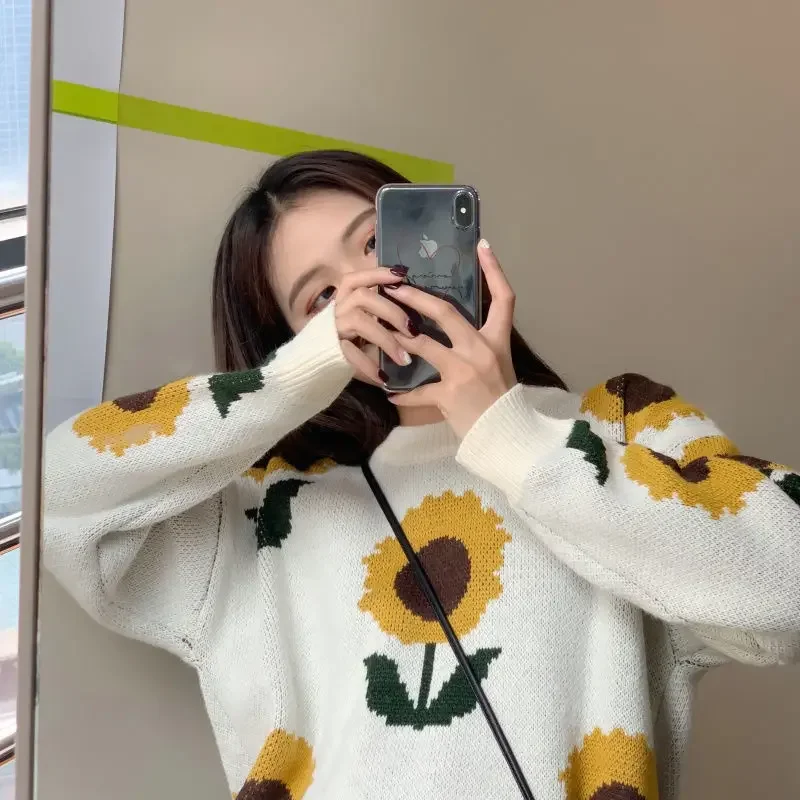 2024 Autumn and Winter Korean Version Outerwear Pullover Sunflower Knitted Sweater Women\'s New Round Neck Knitted Pullover