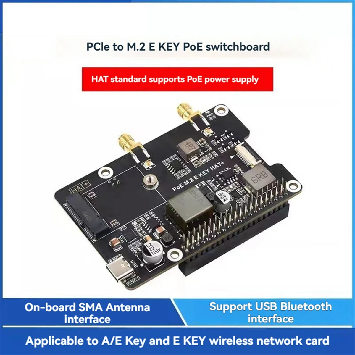 

2025 New For 5 PCIe to M.2 E KEY with PoE HAT+ Expansion Board RTL8822CE Dual Band Wireless Network Card for RPI 5