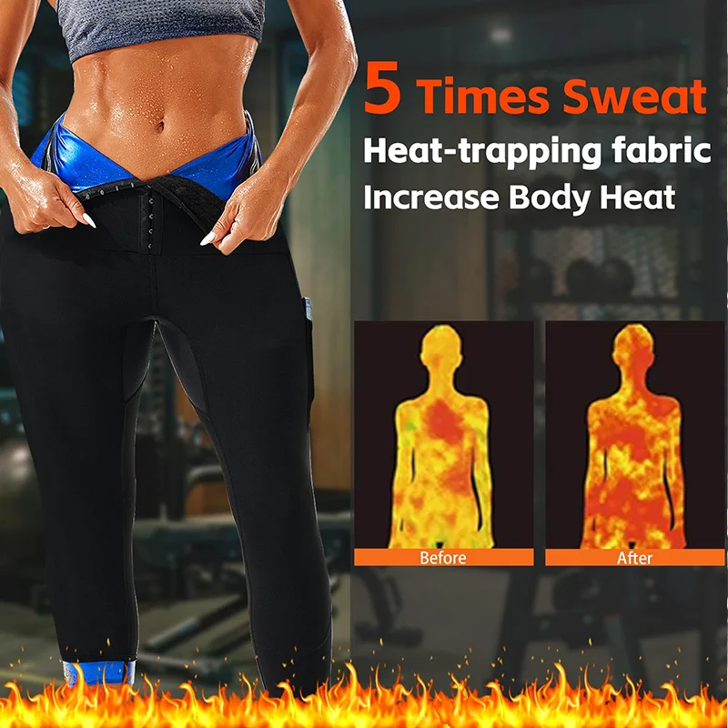 سراويل ساونا نسائية طويلة للعرق للبالغين لتخفيف الوزن، سراويل ضيقة مضغوطة لكامل الجسم مع جيب لتدريب الخصر