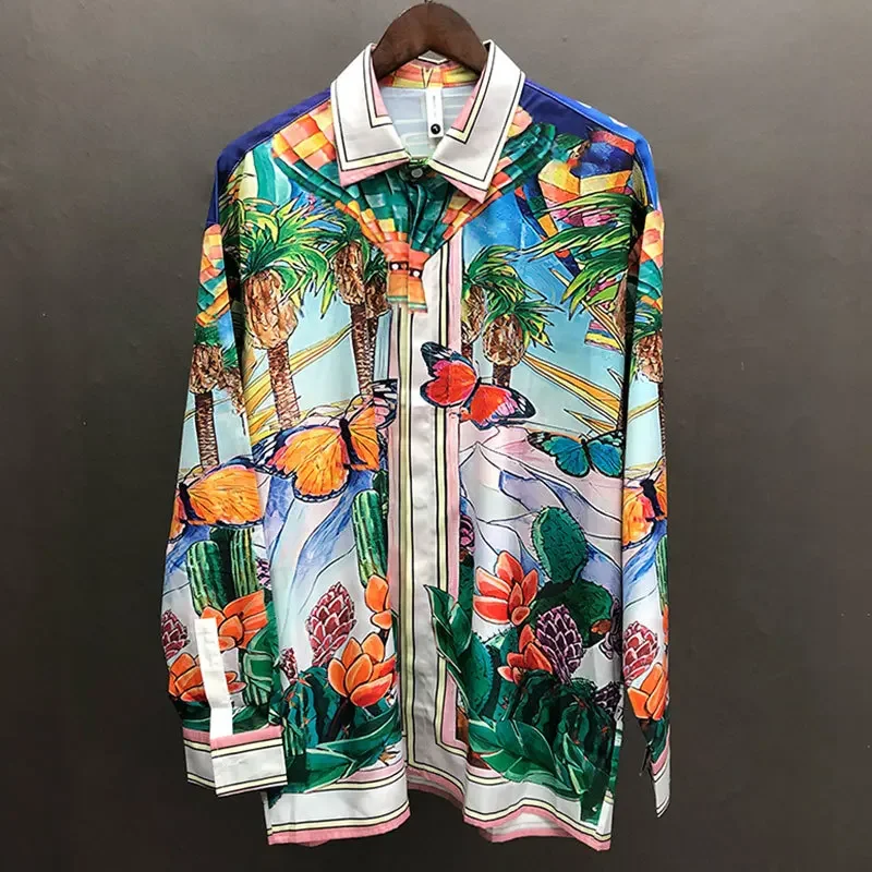 Holiday Casual Dress Blouse Clothes Men Hawaiian Shirt Vintage Print Contrasting Color Print Long Sleeve Shirt Camice Uomo