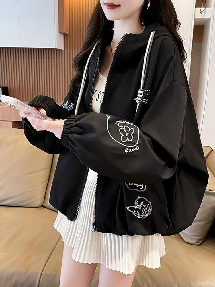 College Style For Teenagers Girls Autumn Sports Loose Fit Coat Zipper Print Puppy Flower Letter Fashion Casual Hooded Outerwear