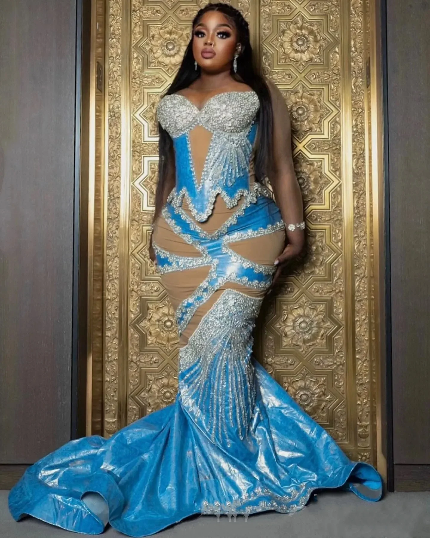 Strass kralen illusie elegante avond formeel feest tweede receptie verjaardag Go Aso Ebi hemelsblauwe zeemeermin galajurk