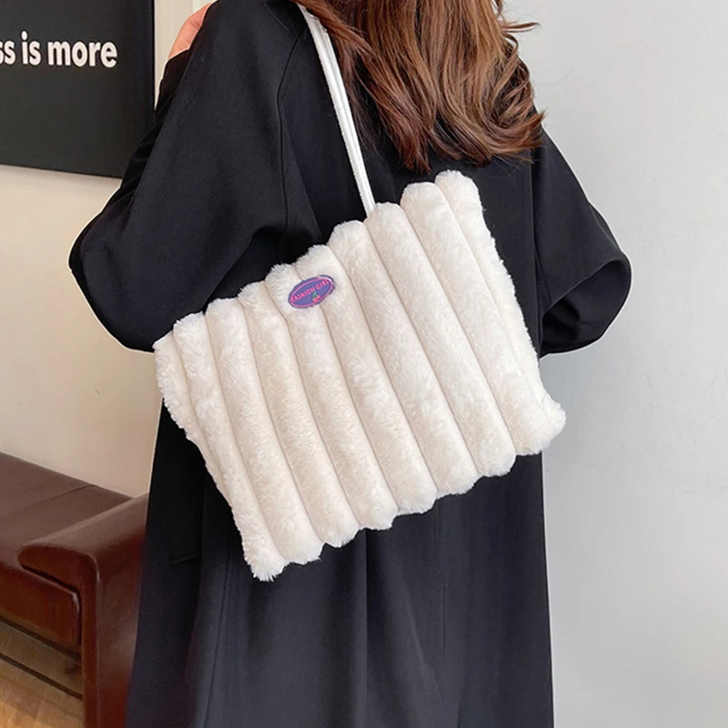 Fashion Large Capacity Women's Handbags Female Plush Soft Underarm Shoulder Bag Commuting Shopping Top-handle Bucket Tote Bags