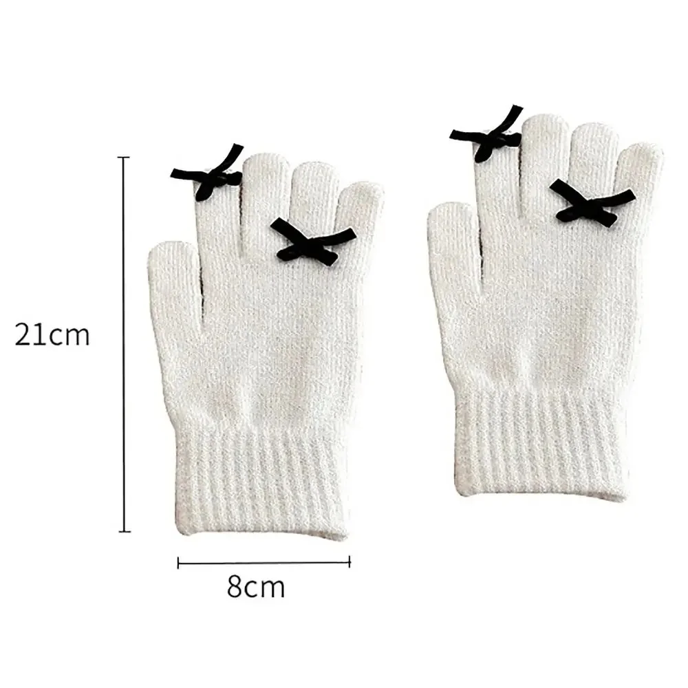 2024 New Winter Warm Bownot Finger Gloves Women Solid Color Knitted Gloves Girls Korean Bow Touch Screen Full Finger Mittens