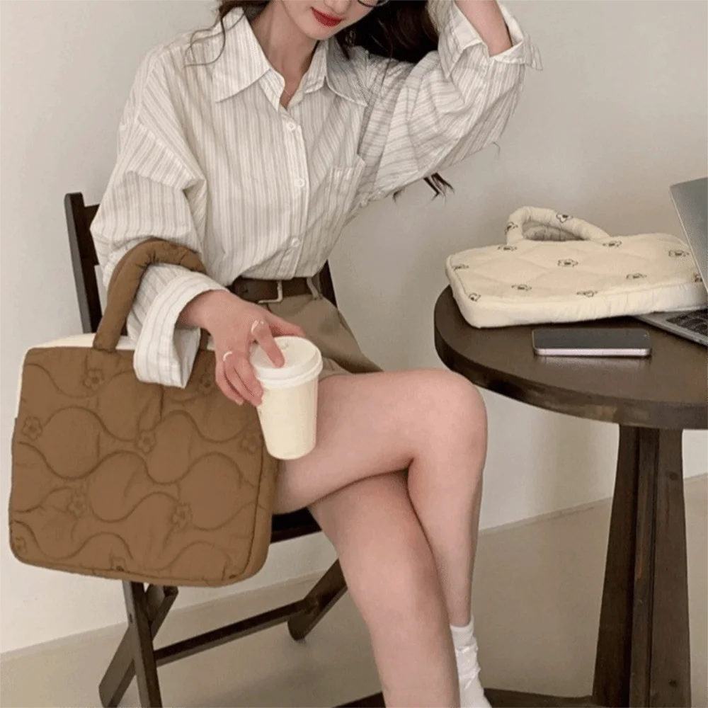 Single Shoulder Laptop Sleeve Cover Bag Flower Quilting Soft Case Computer Protective Case Solid Color Korean Style