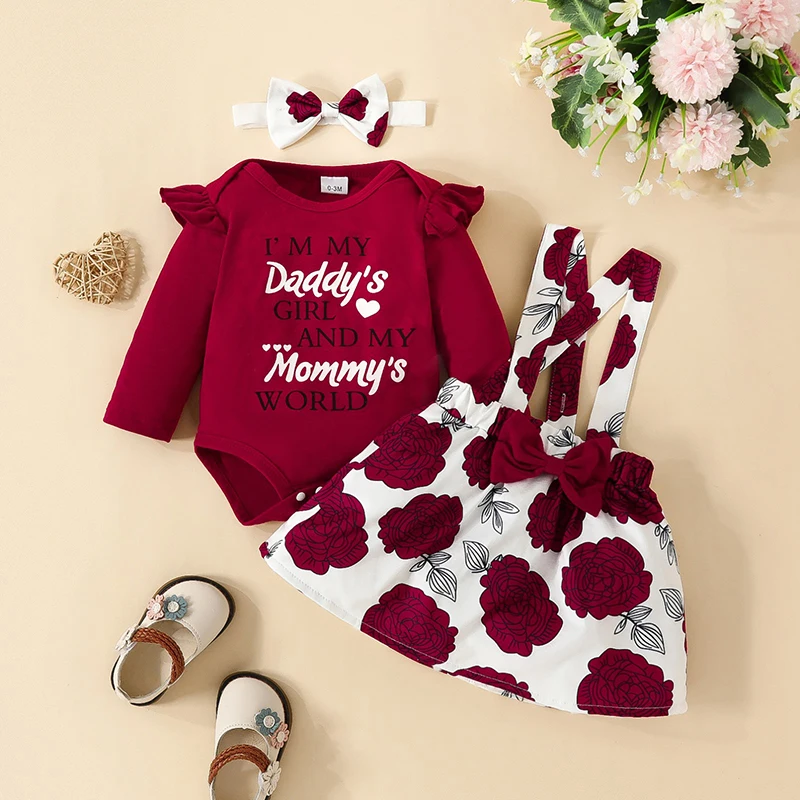 Newborn Baby Girl Skirt Set 0-18 Months Long Sleeve Alphabet Bodysuit Printed Halter Dresses Hairband 3Pcs Set Baby Girl Clothes