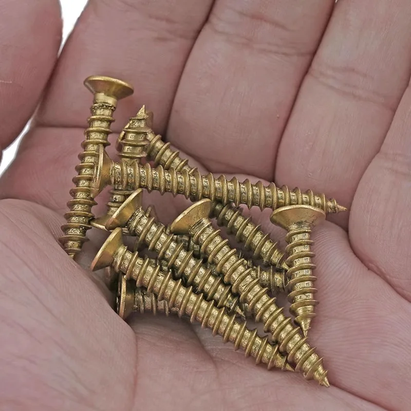 Śruby samogwintujące z łbem stożkowym walcowym, krzyżakowym, płaskim, mosiężne, M3 M3.5 M4 M5 M6, gwint metryczny, do drewna, płyt wiórowych, mebli.