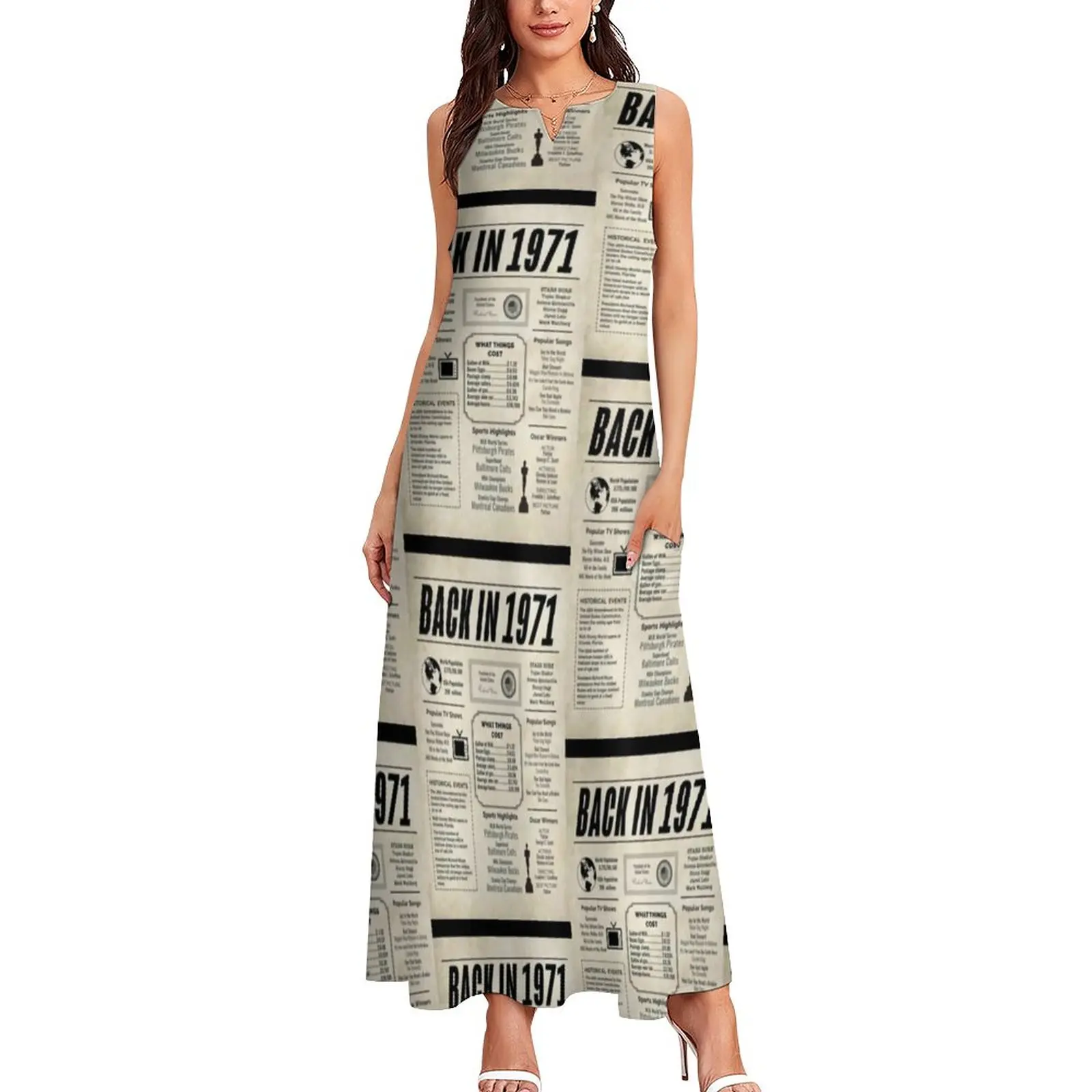 Newspaper Print Dress 1971 Story Events Party Maxi Dress Street Fashion Casual Long Dresses Summer V Neck Graphic Vestidos 4XL