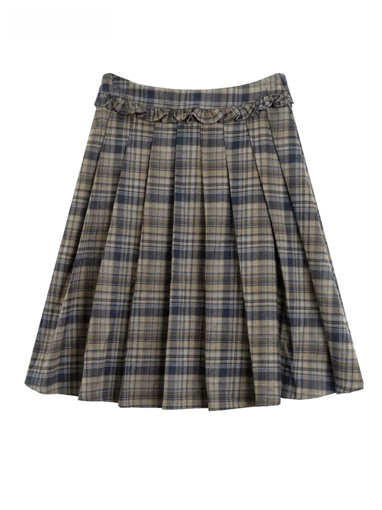 

Женская повседневная шерстяная юбка с высокой талией в клетку, плиссированная, А-силуэт, с японским художественным дизайном, Зима 2025