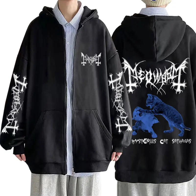 

Mayhem De Mysteriis Dom Sathanas Cat Graphic Print Zipper Hoodie Men Women Death Black Metal Rock Band Zip Up Jacket Streetwear