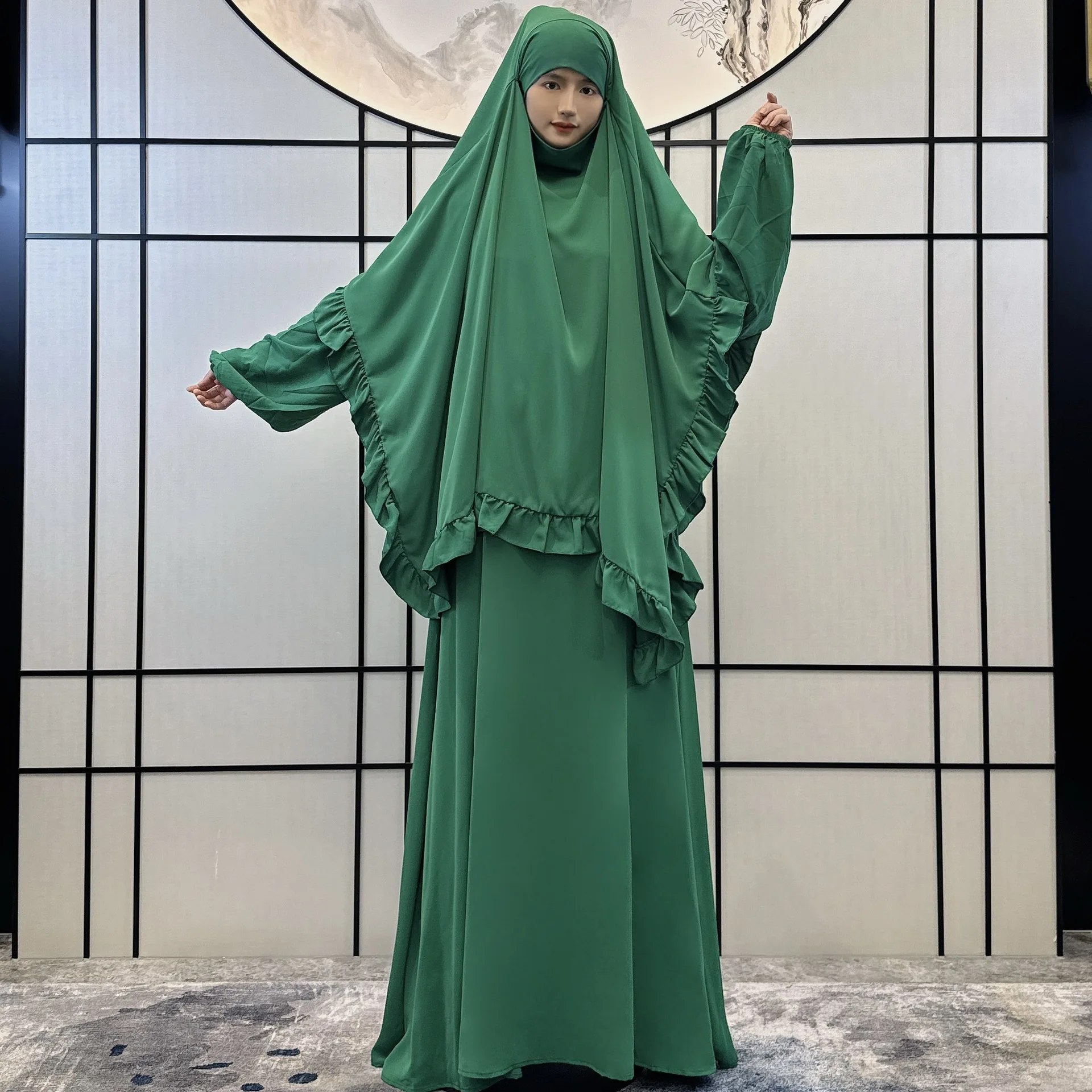 Ruffle Khimar Abaya Set donna Eid Djellaba Ramadan musulmano preghiera indumento Overhead caftano Islam abbigliamento Hijab Dress Jalabiya 2PC