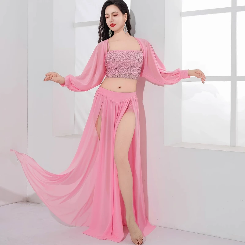 Belly Dance Performance Clothing Suit for Women Bellydance Long Sleeves Top+vest+Long Skirt 3pcs Oriental Professional Set Wear