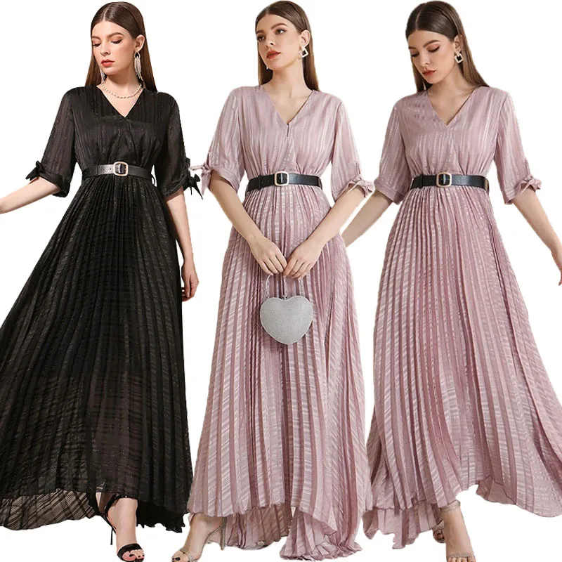 

2024 Summer Women Half Sleeve Solid Chiffon Sundress Robe Femme Muslim Maxi Dress Pleated Dubai Turkey Abaya Hijab Dress Ramadan