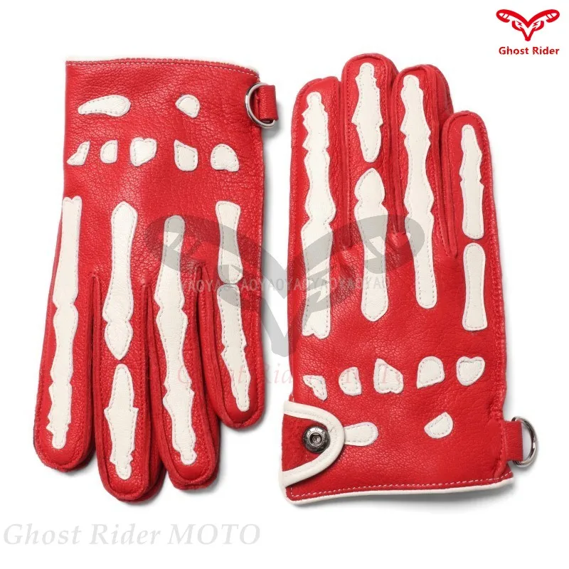 Full finger deerskin bone thickened and wool leather motorcycle gloves car driving gloves red
