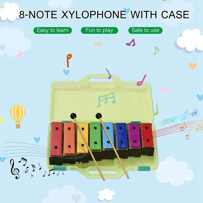 8-Note Xylophone Colorful Glockenspiel Removable Rainbow Color Metal Plates Resonator with Plastic Mallets Green Case