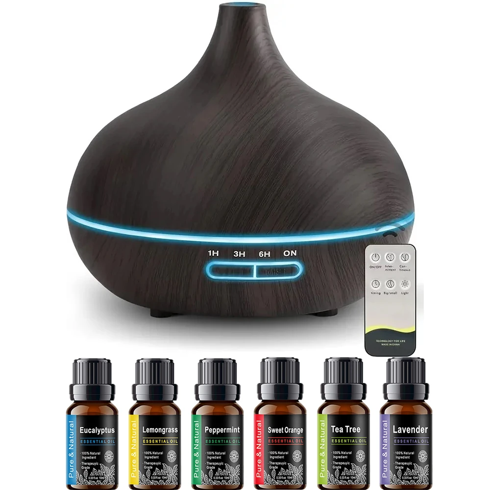 

Ultrasonic Air Humidifier Aromatherapy Essential Oil Diffuser Wood Grain Remote Control 550ml Cool mist with 7 Color LED Light