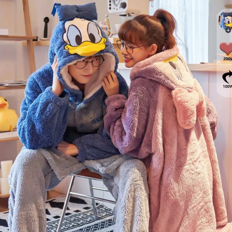 Disney Daisy & Donald Duck Winter Plush Pjs Y2k Winnie Warm Coral Velvet Nightwear Couple Thickened Bathrobe Hooded Pyjamas Suit