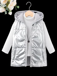 Winter cotton-padded coat for children and girls with bright face wash, windproof and waterproof silver vest hooded coat