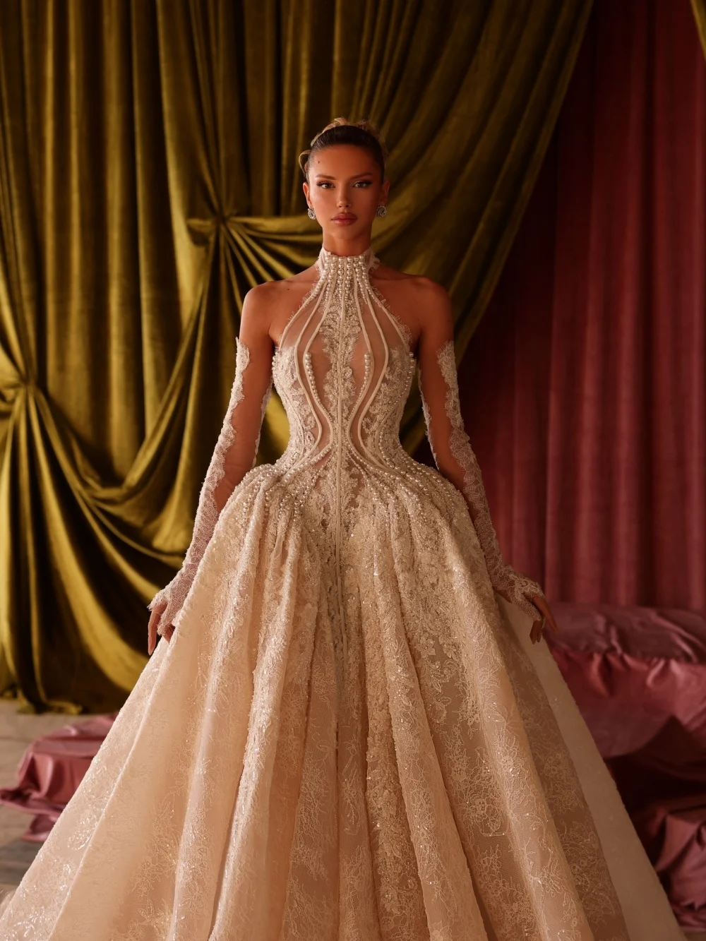 

Glamorous High Neck Halter Lace Bridal Gown With Long Sheer Sleeves Voluminous Skirt Customized Wedding Dress Vestido De Novia