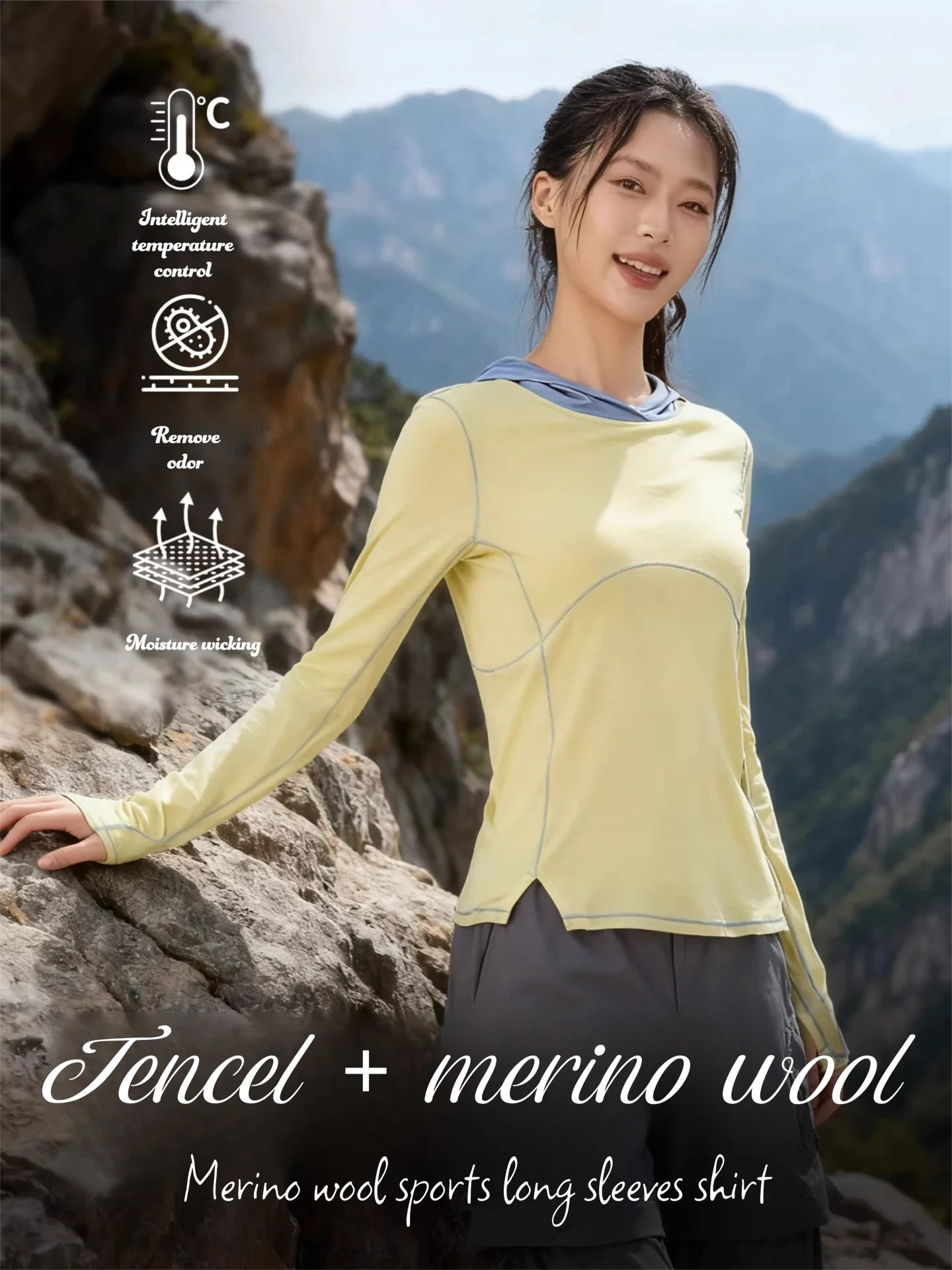 Rainforest Area Merino Wool Quick-Drying Clothing for Women, Outdoor Hooded Breathable Sweat-Wicking Merino Hiking and Mountaineering Long-Sleeved Clothing