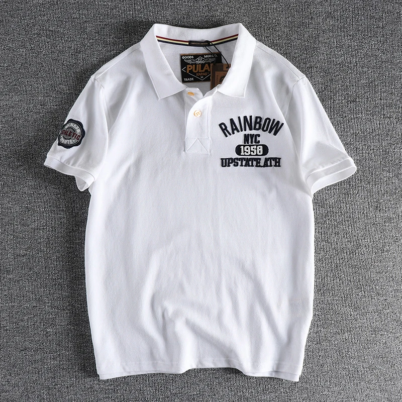 Summer new product three-dimensional embroidery alphabet classic vintage polo shirt short sleeve washed beaded ground mesh lapel