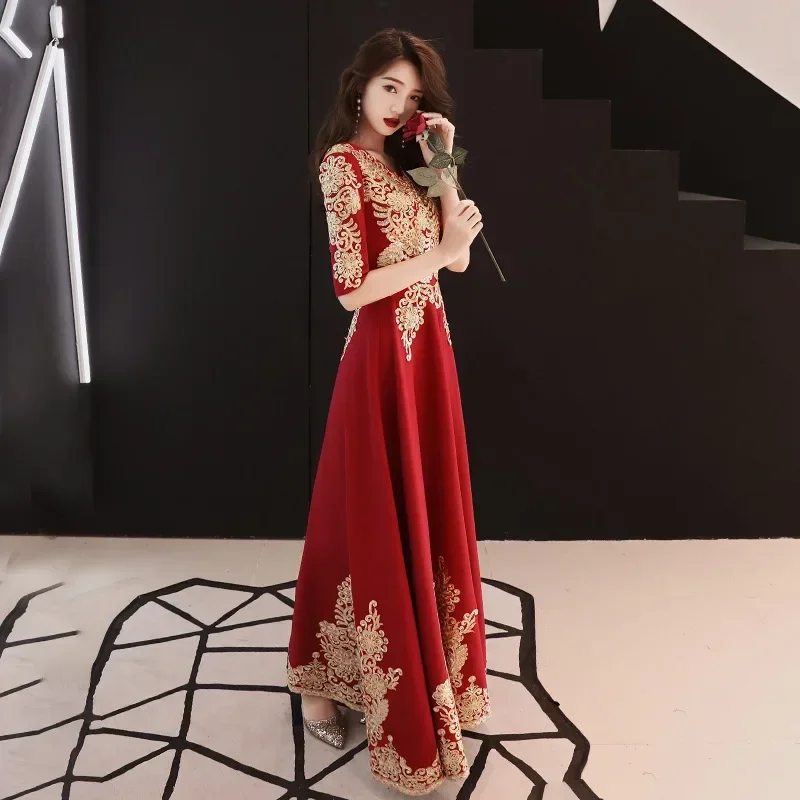 

Dark Red Party Evening Long Cheongsam Retro Slim Dress Marriage Gown Chinese Style Wedding Qipao Lady Clothes Vestido XS-XXXL