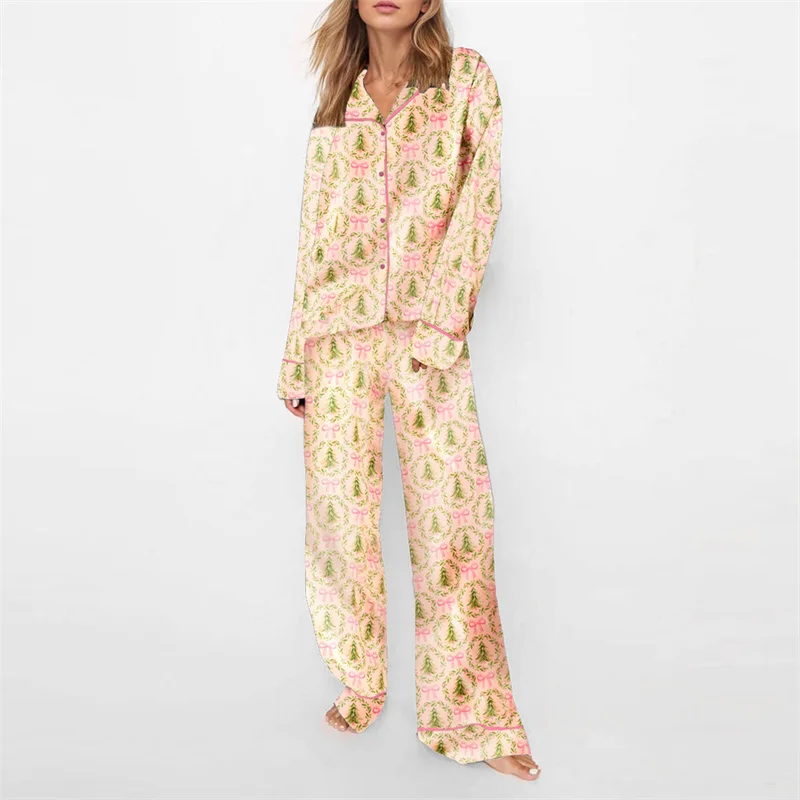 Hirigin Weihnachts-Pyjama-Sets für Damen, 2-teilig, Loungewear, Langarmshirts mit Schleife/Weihnachtsmann/Baum-Aufdruck, Oberteile und Hosen, Nachtwäsche-Outfits