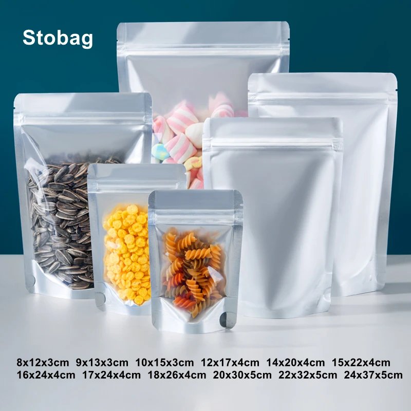 StoBag Food Packaging Ziplock Bag Aluminized Foil Clear Stand Up Sealed Storage for Tea Nuts Candy Snack Resealable Pouches Logo