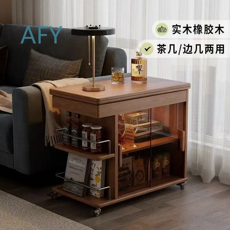 Solid Wood Coffee Table Foldable Multi Functional Small Table for Small Apartment Living Room Side Cabinet Home Mobile Cart