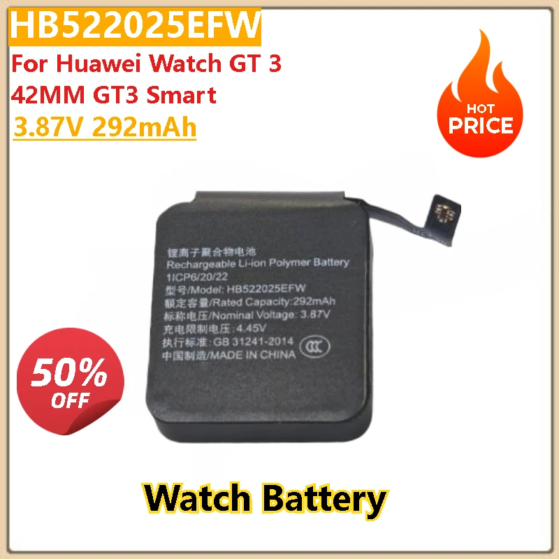 

100% New 3.87V 292mAh High Quality Watch Battery HB522025EFW For Huawei Watch GT 3 42MM GT3 Smart