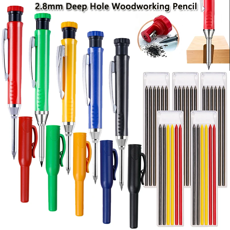 

2.8mm Solid Carpenter Pencil Set with Built In Sharpener, Portable Pen Case, Deep Hole Woodworking Mechanical Pencil Marker Tool