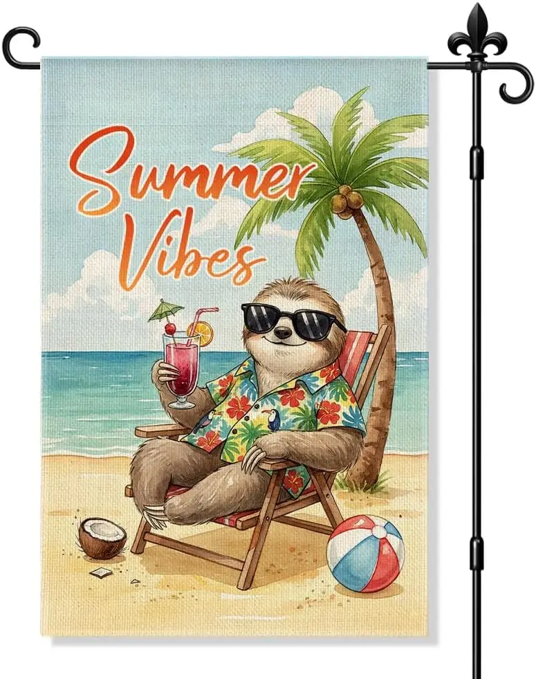 Summer Vibes Garden Flag Double Sided Yard Outdoor Decoration 12x18 Inch, Funny Sloth Beach Yard Decor, Summer Vibes Home De jjp
