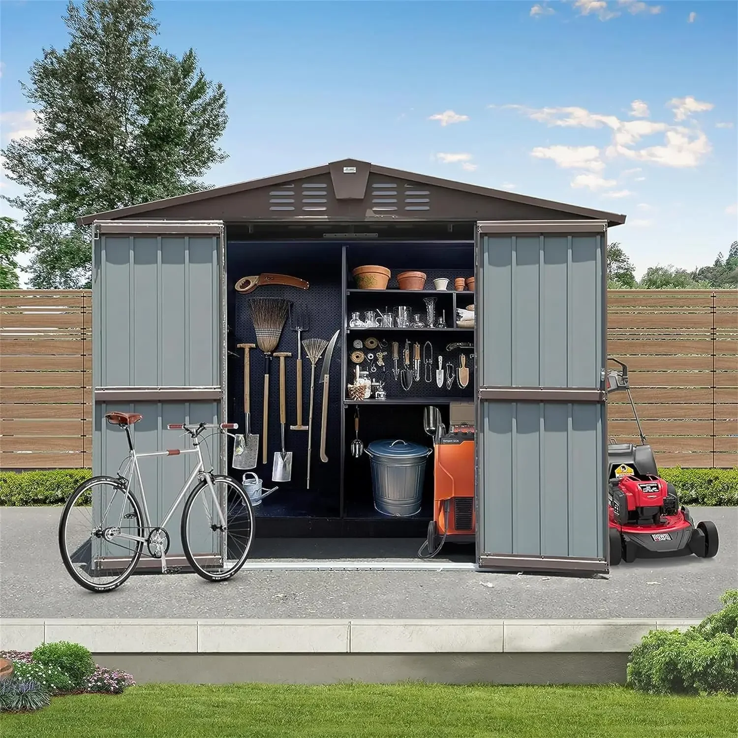 

8.2 x 6.2 FT Outdoor Metal Tool House, Steel Utility Storage Sheds with Double Lockable Doors & Air Vents for Backyard, Brown