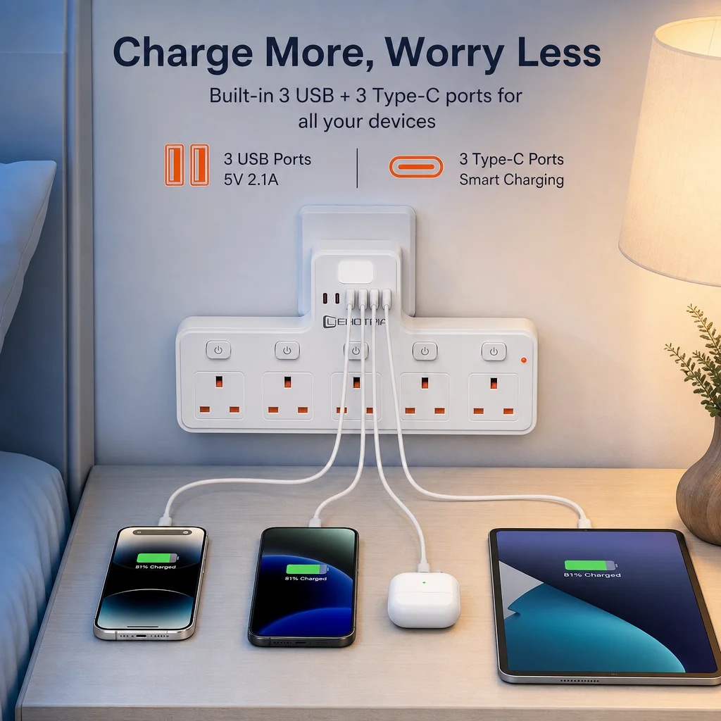 UK Socket Extender 5 Way Outlets with Individual Switches 4 USB Ports 3250W Wall Power Strip Multi Plug Extension Socket for Hom