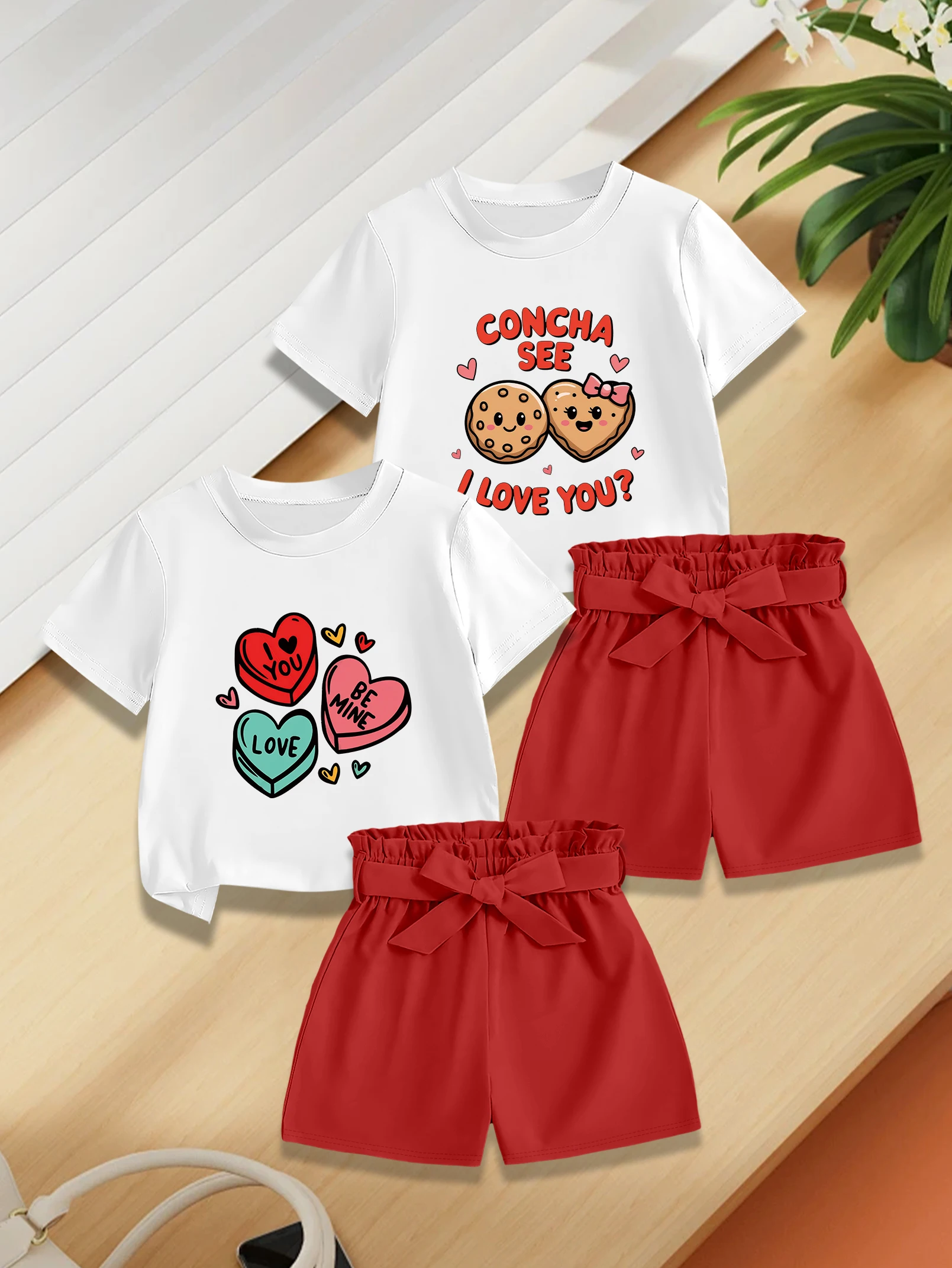 

Комплект из 4 предметов: летний комплект для девочек на День святого Валентина, с принтом в виде сердечек и печенья, с короткими рукавами, тканевые шорты с бантом, милый и очаровательный наряд.