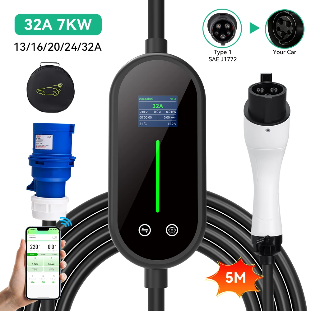 

Портативное зарядное устройство JDMEX 7 кВт для электромобилей, Тип 1, 32А, 1 фаза, настенная зарядная станция EVSE, управление через приложение, переключение языков, вилка CEE, кабель 5 м
