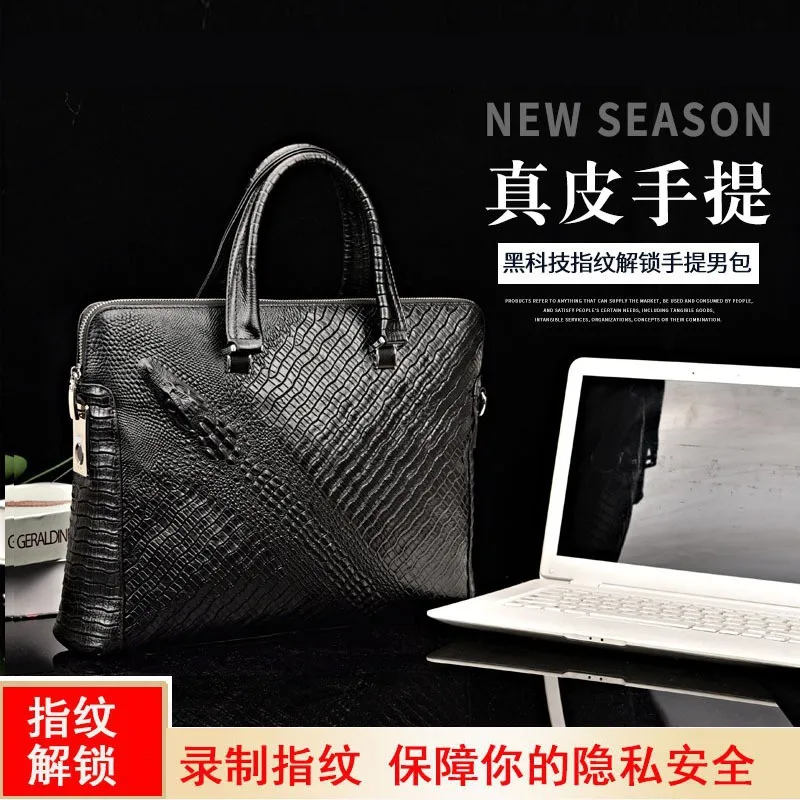Fingerprint Lock Luxury Leather Briefcases Men Genuine Messenger Men's Business Briefcase High-end Top Layer Cowhide Handbag